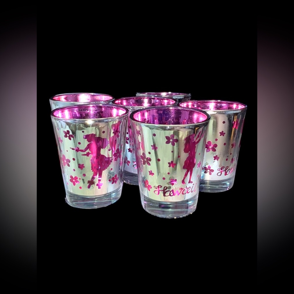 KC Hawaii ~ Hawaiian Hula Dancers Pink & Silver Metallic Shot Glass (6)